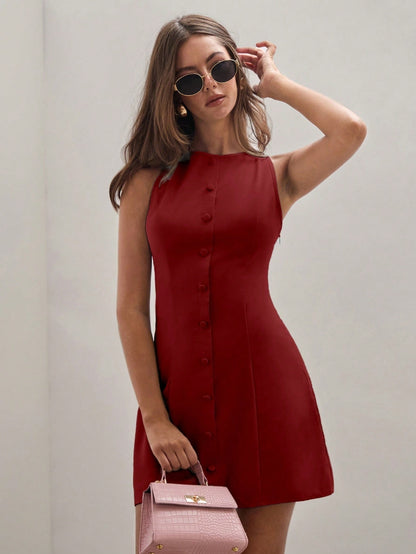 Robe Couleur Unie Tempérament Sans Manches - Femme