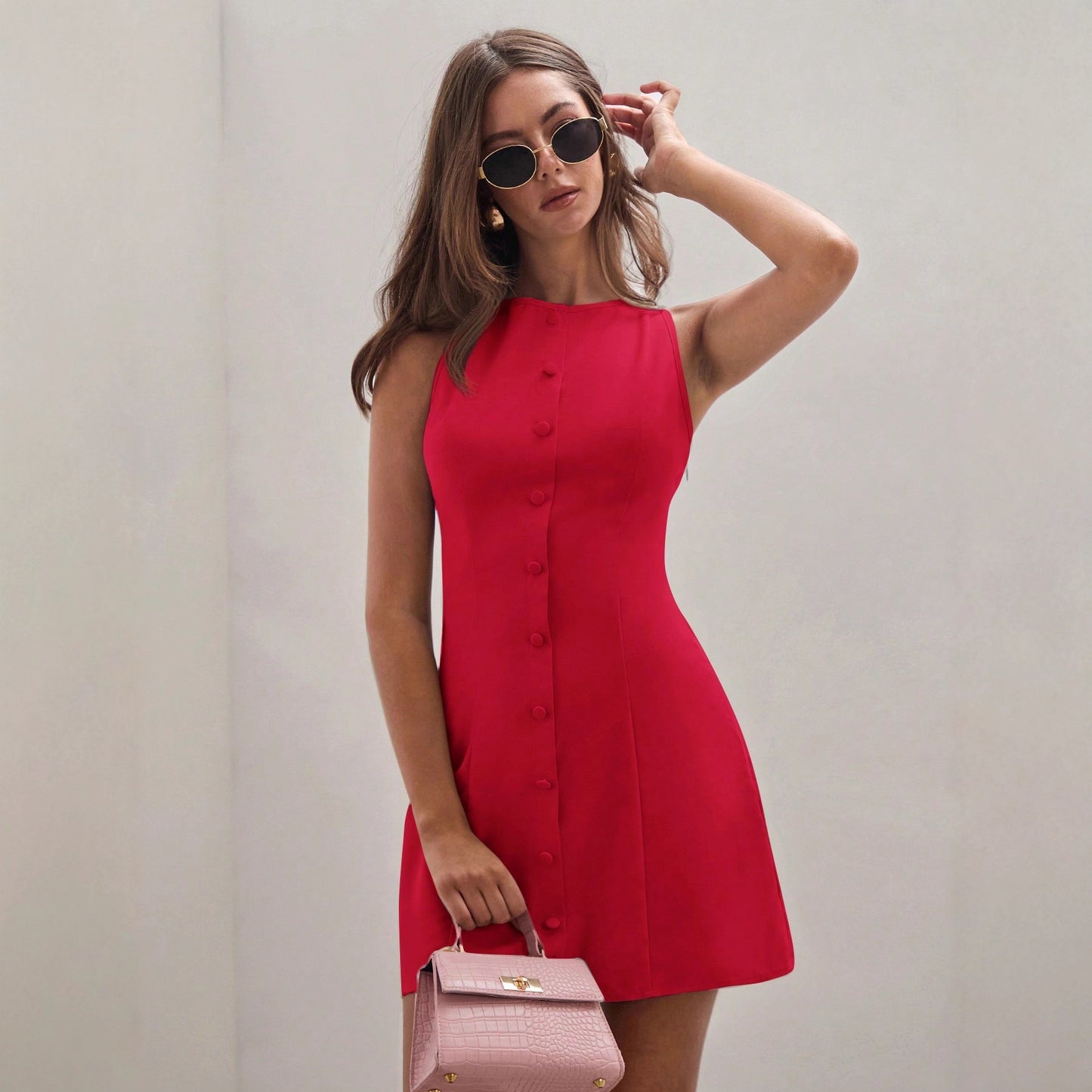 Robe Couleur Unie Tempérament Sans Manches - Femme