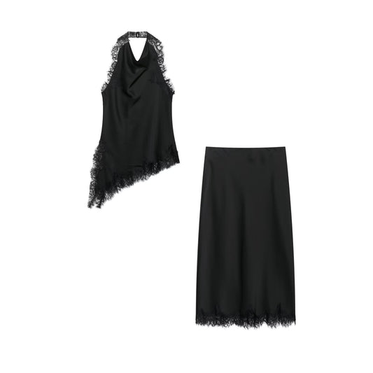 Jupe Satin Soie - Top Dentelle Col
