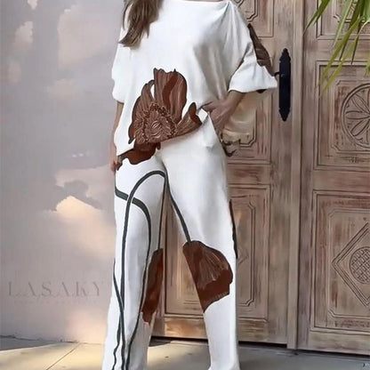 Ensemble Top Imprimé Loose Pantalon Droit Casual - Femme
