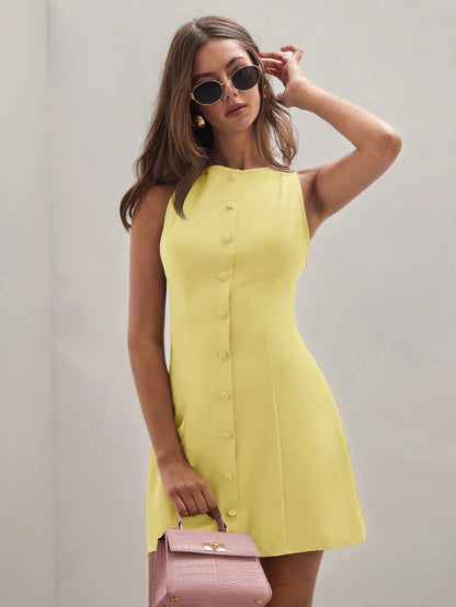 Robe Couleur Unie Tempérament Sans Manches - Femme